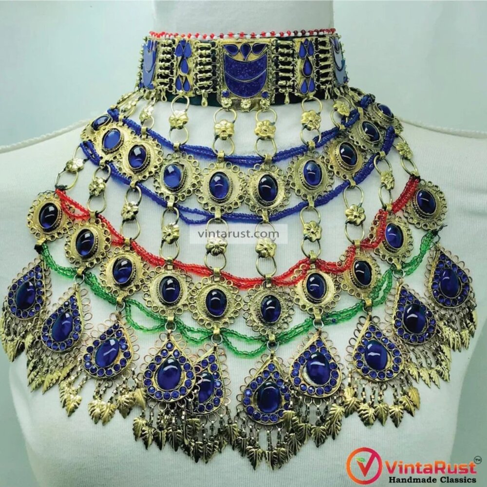 Retro Style Blue Choker Necklace, Ethnic Necklace, Big Kuchi Necklace